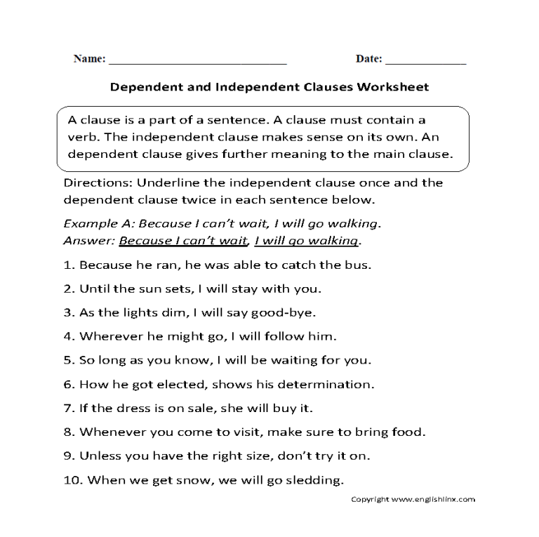 Subordinate Clause Worksheet