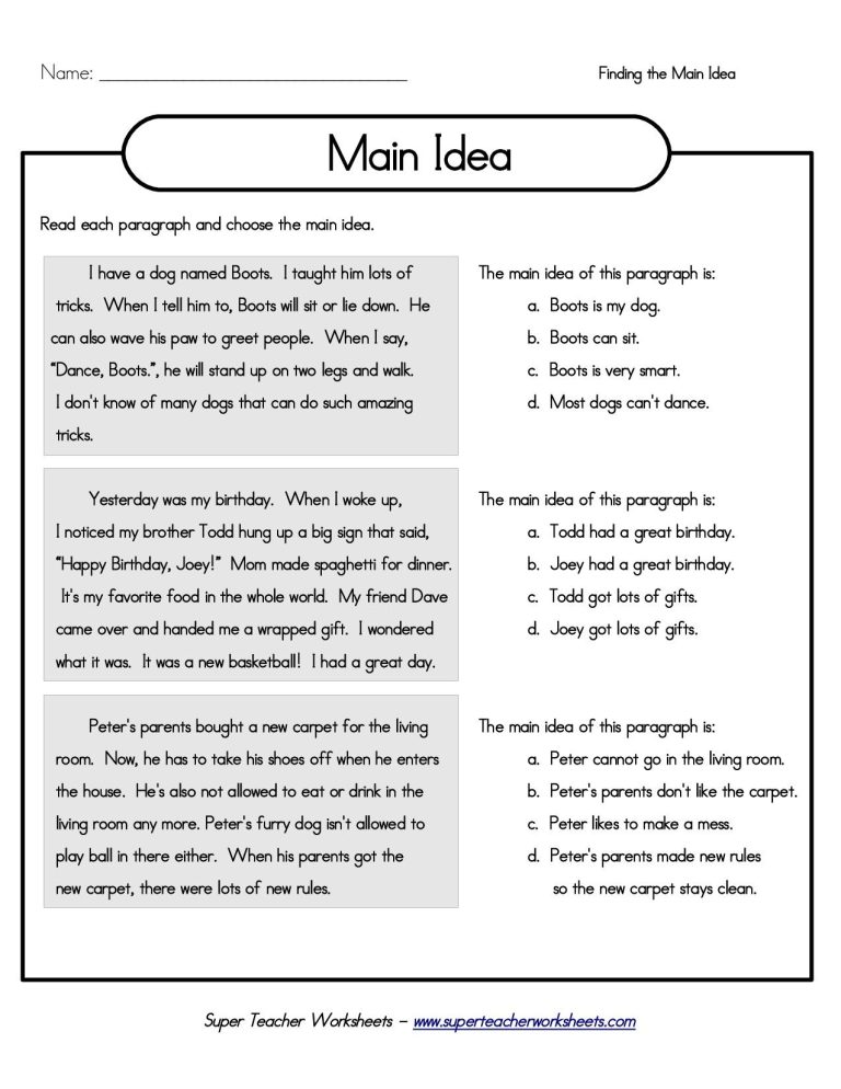 Main Idea Worksheets Pdf