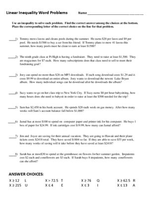 Inequality Word Problems Worksheet