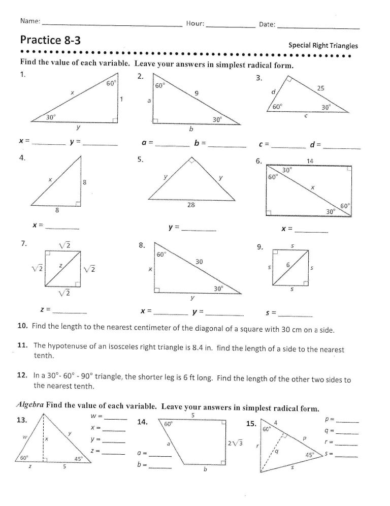 Special Right Triangles Worksheet