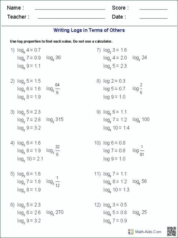 Logarithmic Equations Worksheet