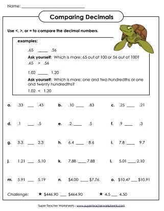 Comparing Decimals Worksheet