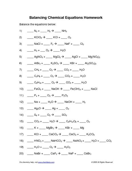 Chemical Reactions Worksheet