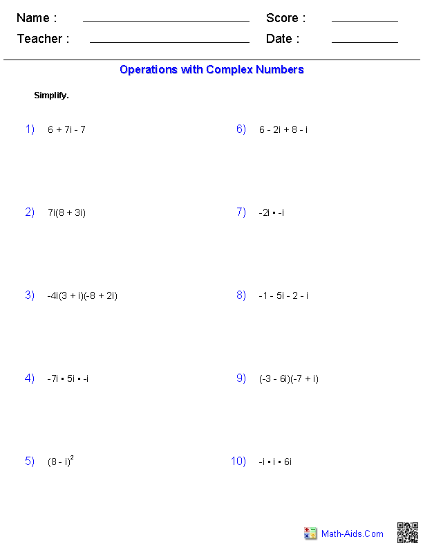 Complex Numbers Worksheet