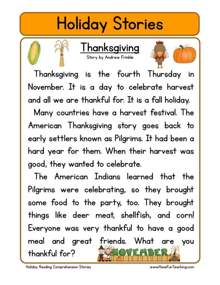 Thanksgiving Reading Comprehension Worksheets Pdf