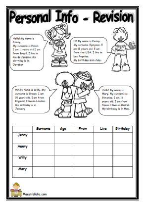 Personal Information Worksheet Primary Pdf