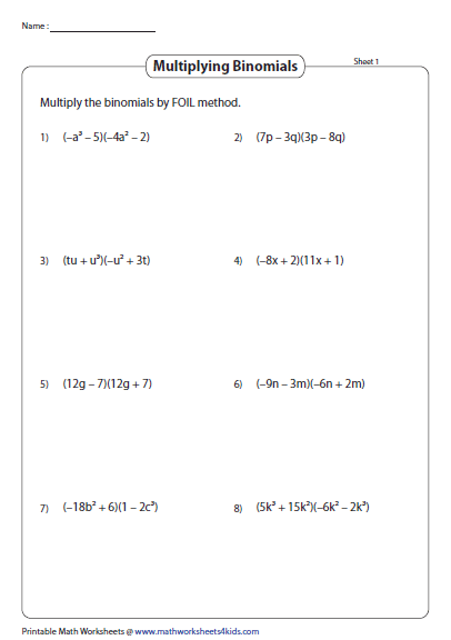 Multiplying Binomials Worksheet