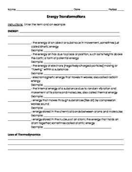 Energy Transformation Worksheet