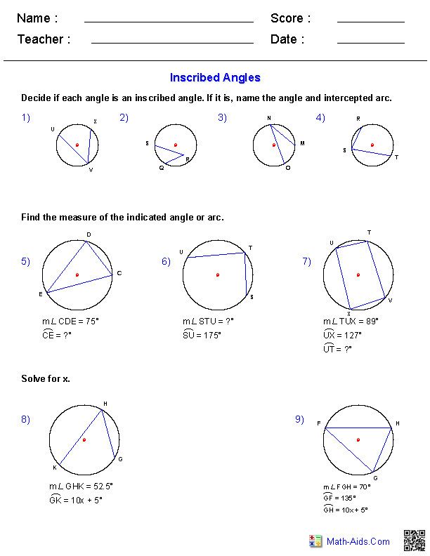 Inscribed Angles Worksheet