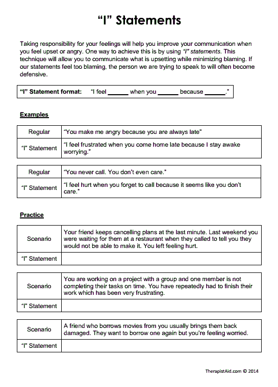 I Statements Worksheet