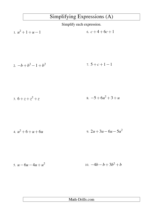 Simplifying Algebraic Expressions Worksheet