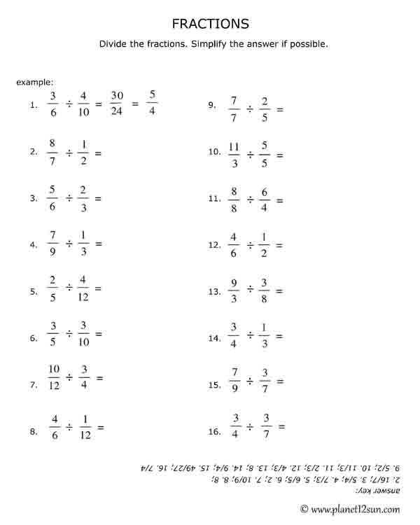 Dividing Fractions Worksheet