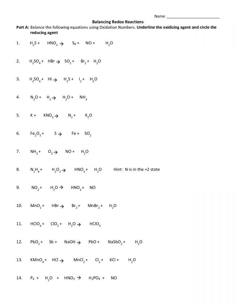 Redox Reactions Worksheet