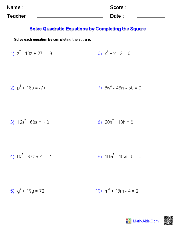 Quadratic Functions Worksheet