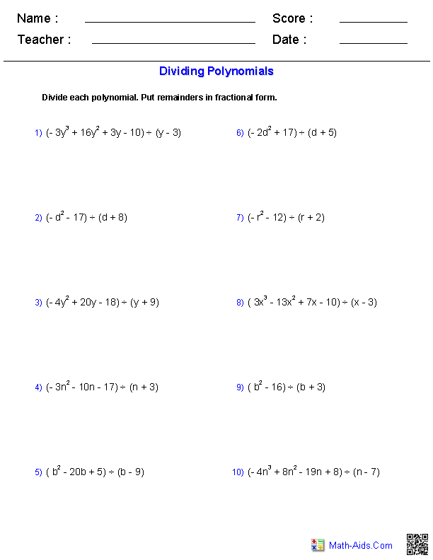 Dividing Polynomials Worksheet