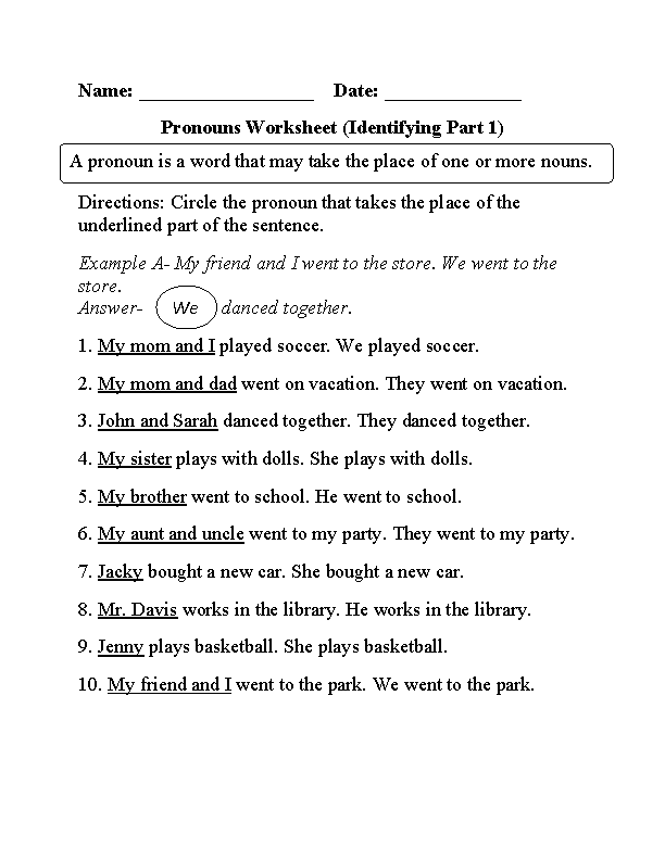 Identifying Nouns Worksheet