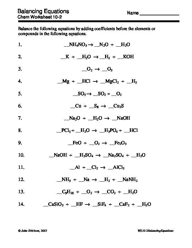 Balancing Equations Worksheet Pdf