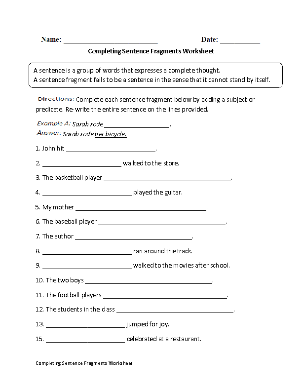 Sentence Fragment Worksheets