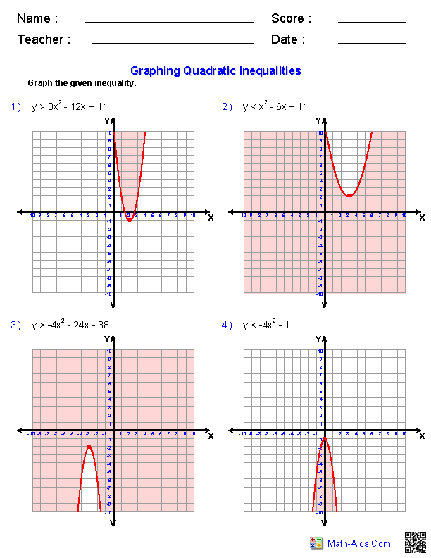 Graphing Quadratic Functions Worksheet Answers