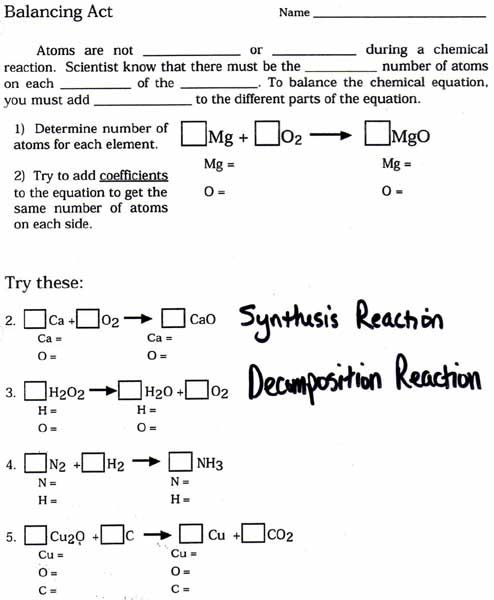 Balancing Chemical Equations Worksheet Easy