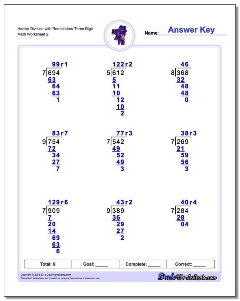 Long Division Worksheets With Answers