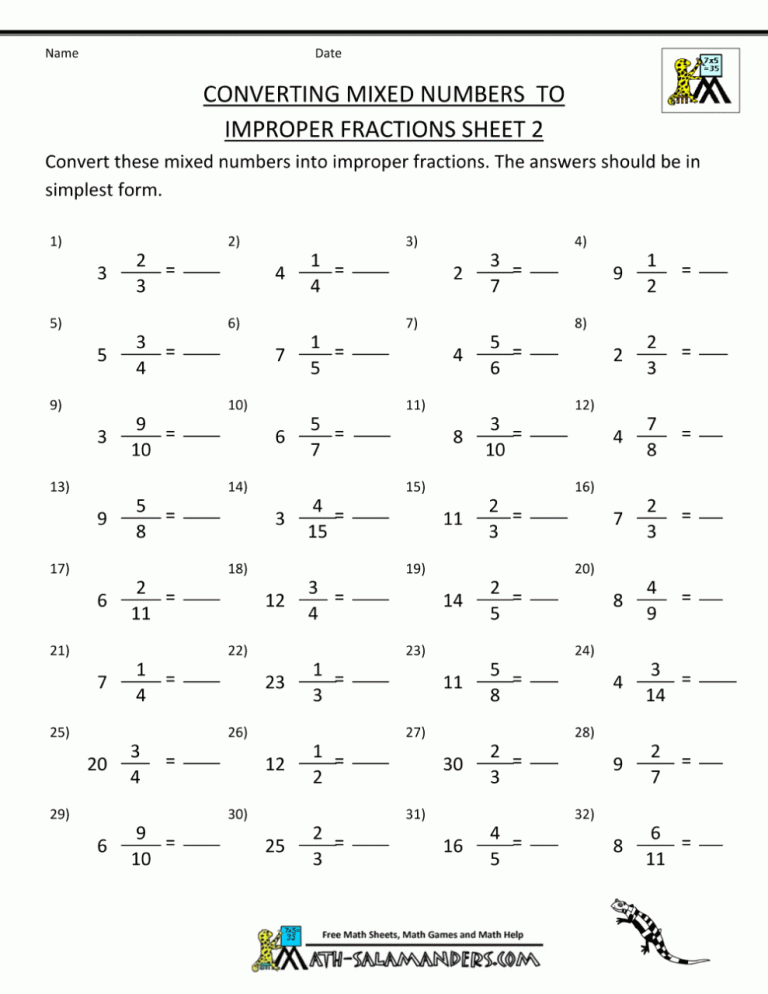 Mixed Numbers Worksheets