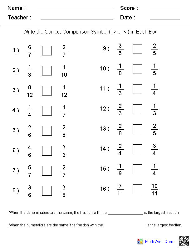 Comparing Fractions Worksheet