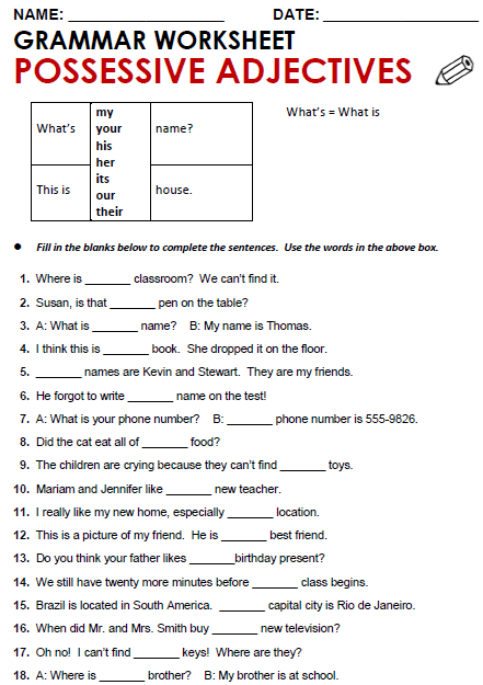 Possessive Adjectives Worksheet