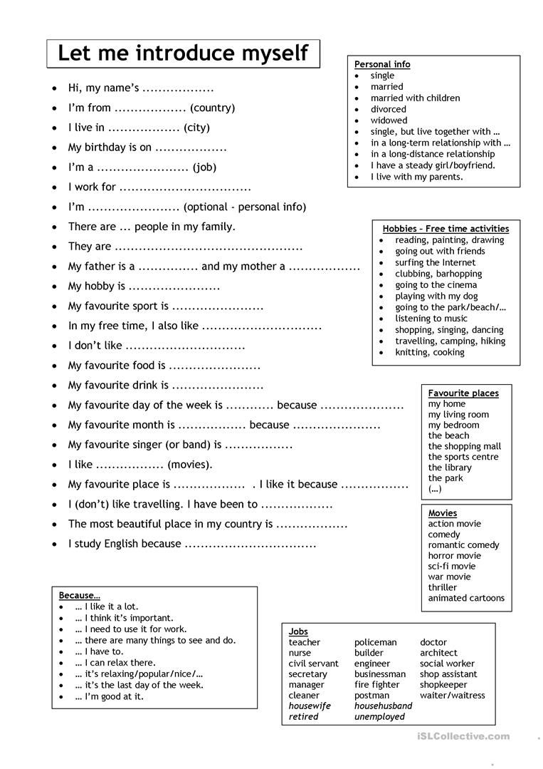 Self Introduction English Worksheets For Beginners Adults