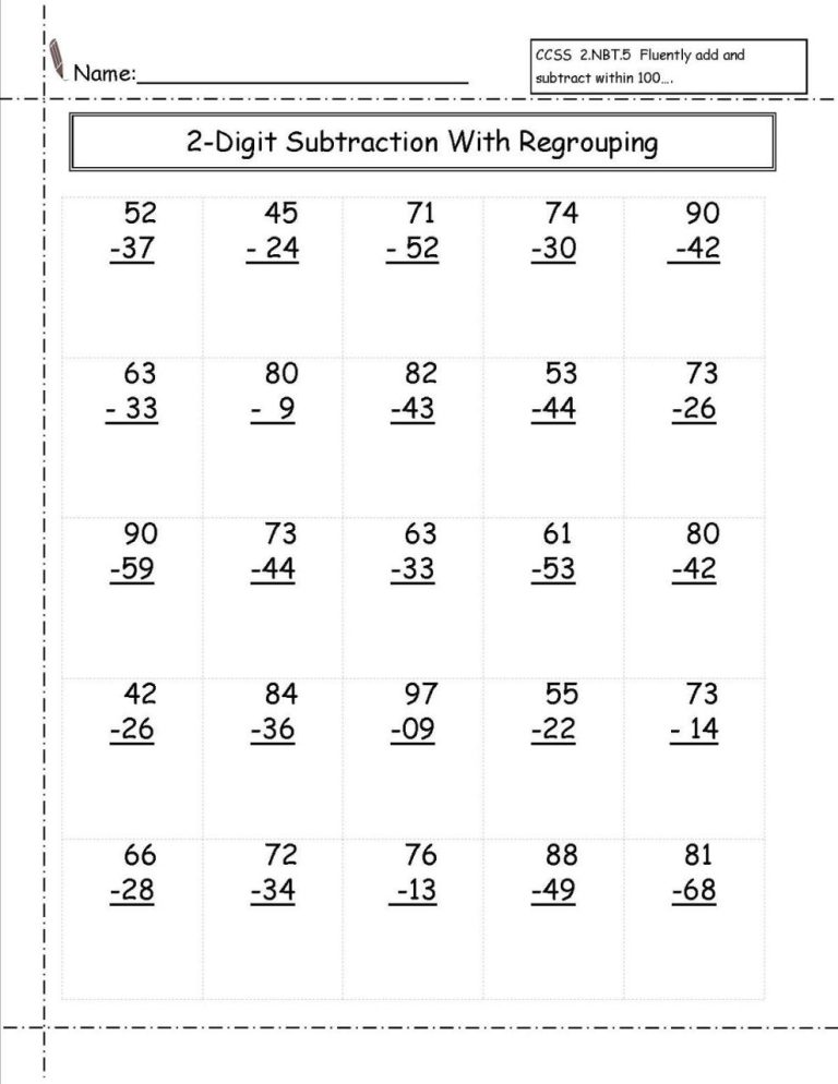 Two Digit Subtraction With Regrouping