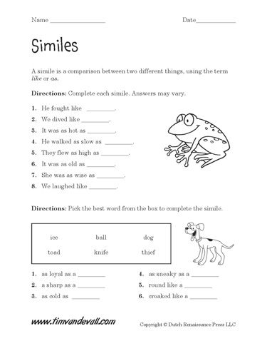 Similes Worksheet