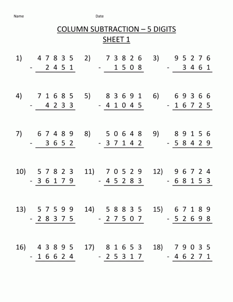 Subtraction Worksheets For Grade 4