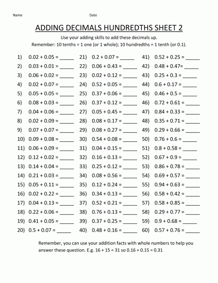 5th Grade Math Worksheets With Answer Key