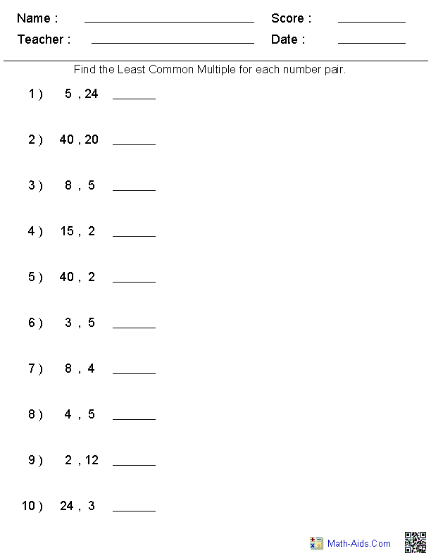 Least Common Multiple Worksheet