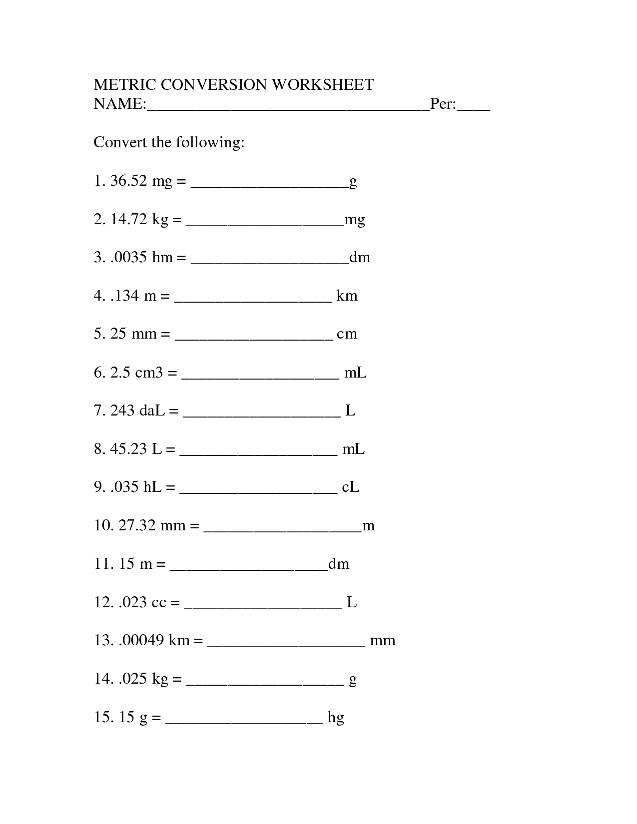 Metric Conversion Worksheet Key