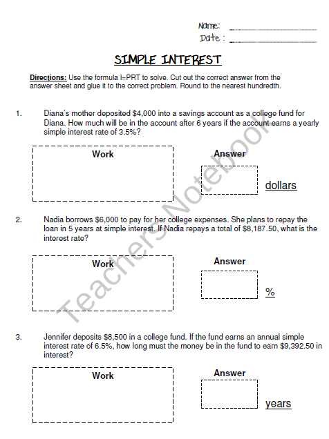 Simple Interest Worksheet Answer Key