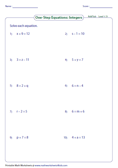 Solving One Step Equations Worksheet