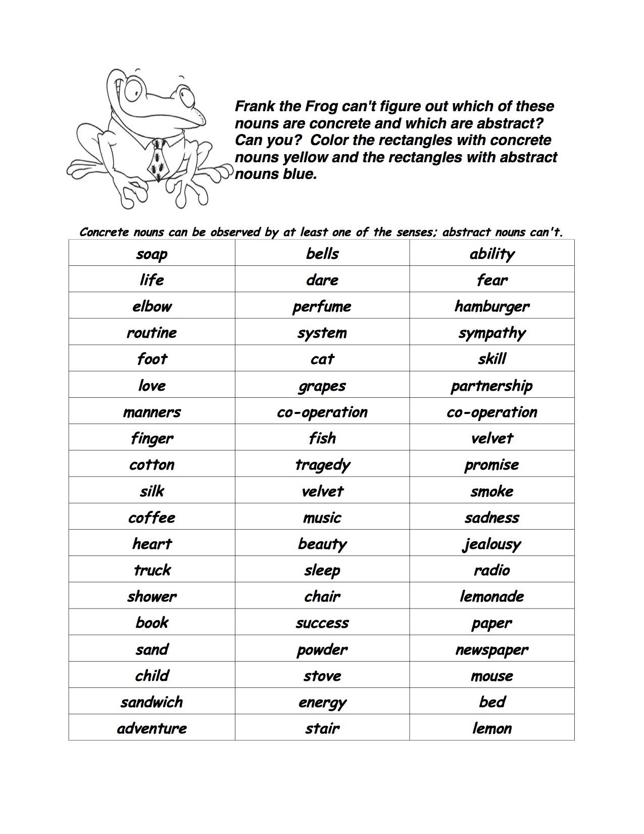 Concrete And Abstract Nouns Worksheet