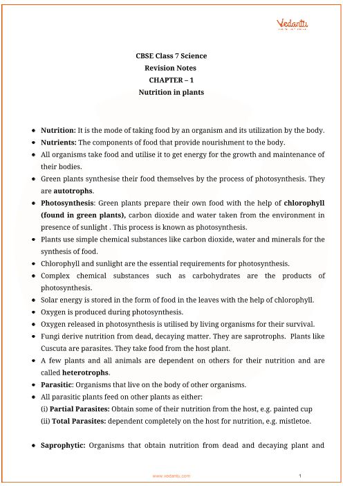 Nutrition In Plants For Class 7 Worksheet