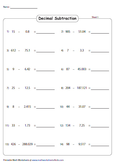 Decimals Worksheets