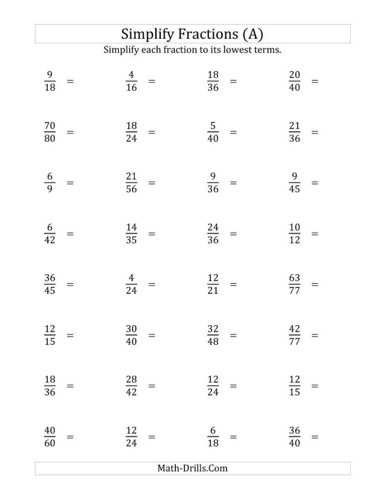 Simplifying Fractions Worksheet