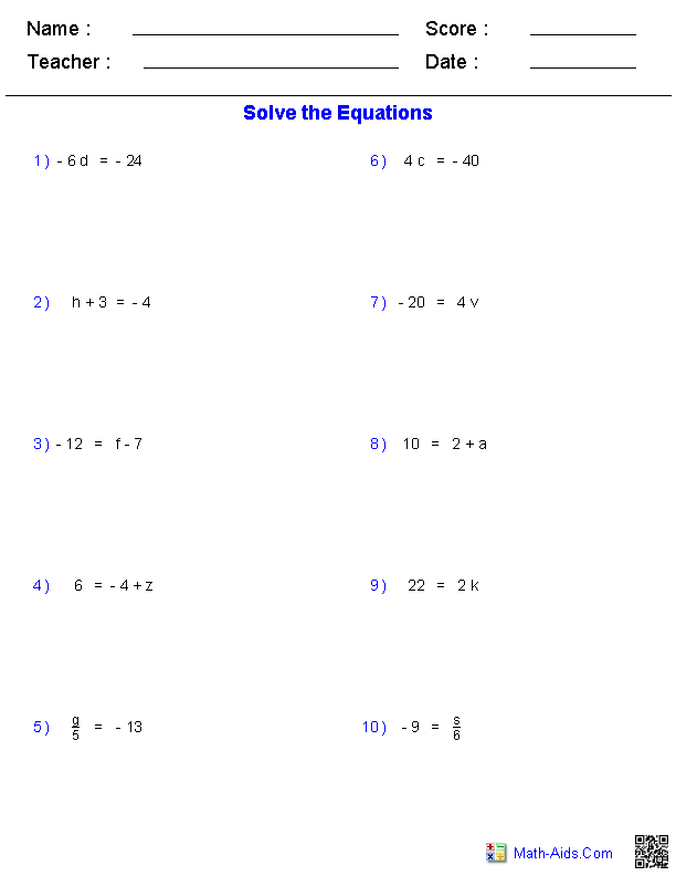 One Step Equations Worksheet