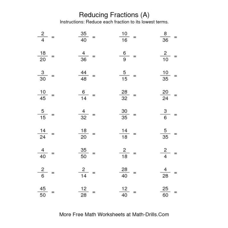 Reducing Fractions Worksheet