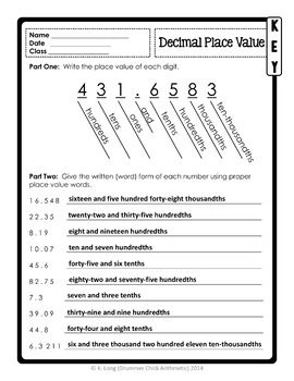 Decimal Place Value Worksheets