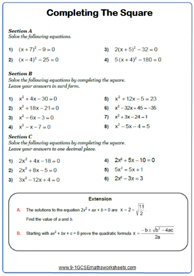 Completing The Square Worksheet