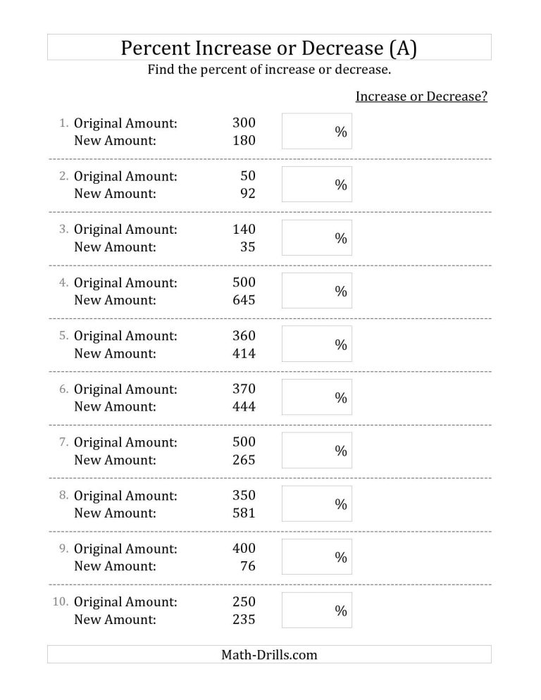 Percentage Increase And Decrease Worksheet