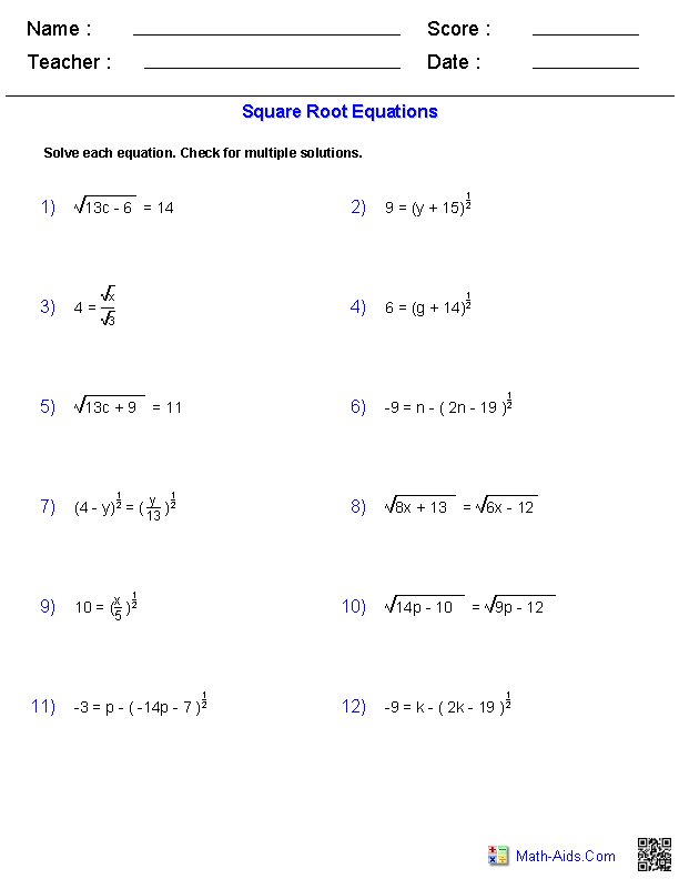 Solving Square Root Equations Worksheet