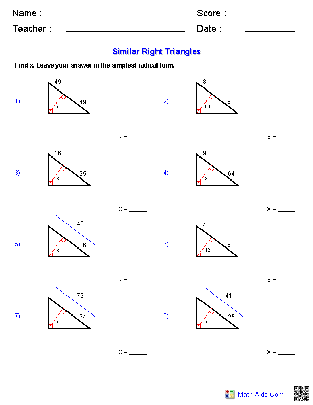 Similar Right Triangles Worksheet