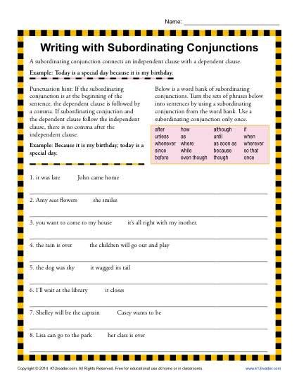 Subordinating Conjunctions Worksheet