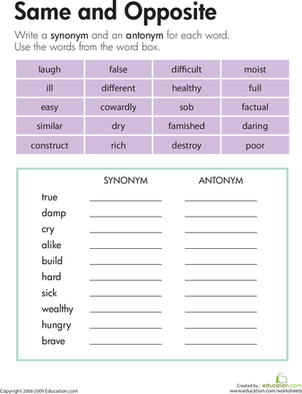 Synonyms And Antonyms Worksheet